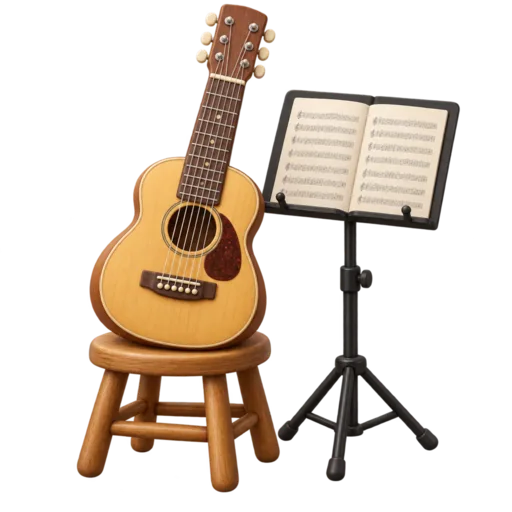 Illustration of an acoustic guitar on a stool beside a music stand